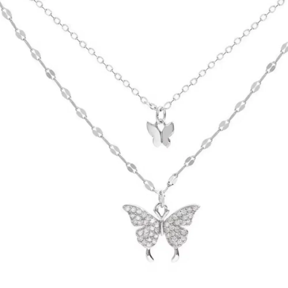 Stainless Steel Silver Double Layered Butterfly Necklace - Picture 2 of 5